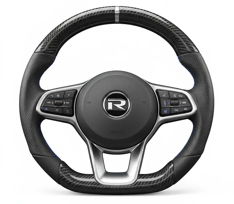 Volant sport ergonomique en carbone et cuir perforé avec surpiqûres bleues